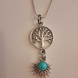 Silver Tree of Life Pendant Necklace with Turquoise Sunburst Charm Handmade